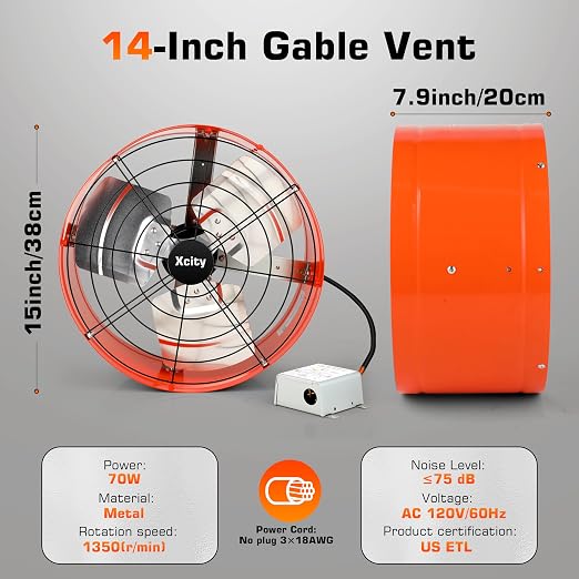Xcity 14 inch Gable Mount Fan with Adjustable Thermostat, Heavy-Duty Vent Attic Fan, High Velocity 1600 CFM, 2400 sq.ft, Metal Exhaust Ventilator for Garage, Attic, Greenhouse