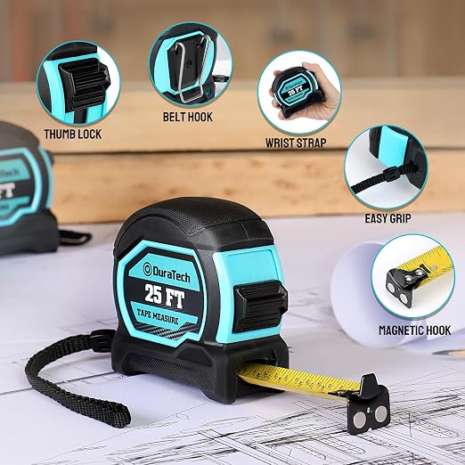 DURATECH Magnetic Tape Measure 25FT with Fractions 1/8, Retractable Measuring Tape, Easy to Read Both Side Measurement Tape, Magnetic Hook and Shock Absorbent Case for Construction, Carpenter