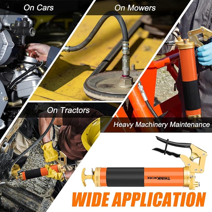 THINKWORK 8000 PSI Professional Heavy Duty Grease Gun Kit for 14 Oz Tubes, Pistol Grip Lube Grease Guns Tool with 0.53" Coupler & 90° Adaptor - Automotive, Marine, Industrial, Agricultural Machinery