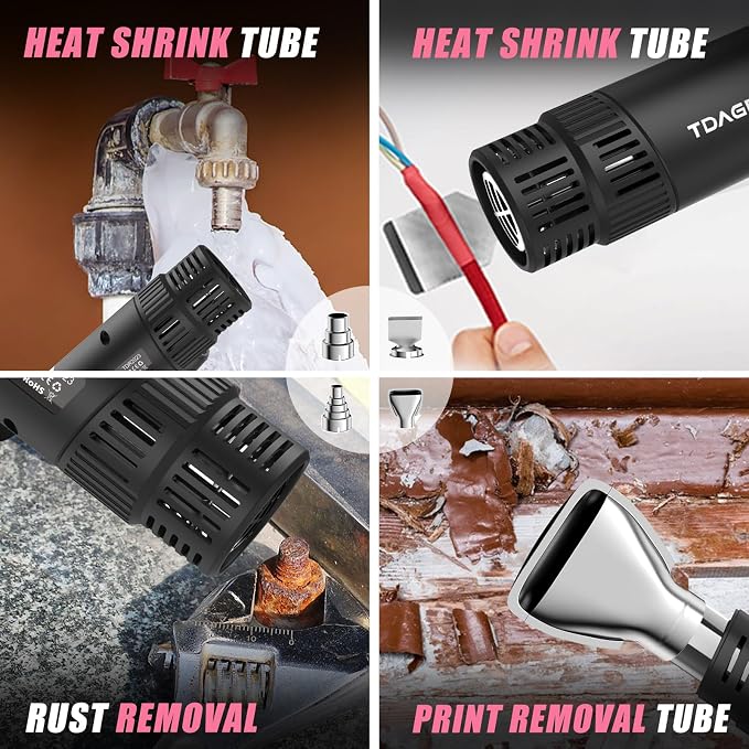 Heat Gun for crafting 1800W, 122℉~1202℉ Variable Temperature Control with 2-Temp Settings 4 Nozzles, 1.5s Fast Heating Mini Heat Gun for Resin, Shrink PVC Tubing/Crafts and Vinyl Wrap（Pink）