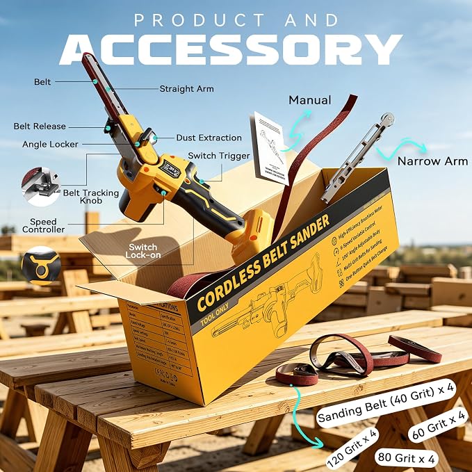 Ecarke Cordless Belt Sander Compatible with Dewalt Battery (Tool Only) 100° adjustable 16 PCS Belts 40-120 Grit 1/2"×18" 2100 FPM Brushless Detail Belt Sander for Metal Working, Wood, Plastic