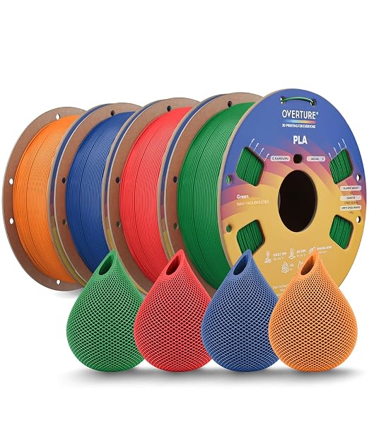 OVERTURE 4KG Bundle High Speed PLA Filament 1.75mm, Neatly Wound 3D Printer Filament 4 Pack 1kg Spool (2.2lbs) Rapid PLA, Fit Most FDM 3D Printers (Green+Blue+Red+Orange)