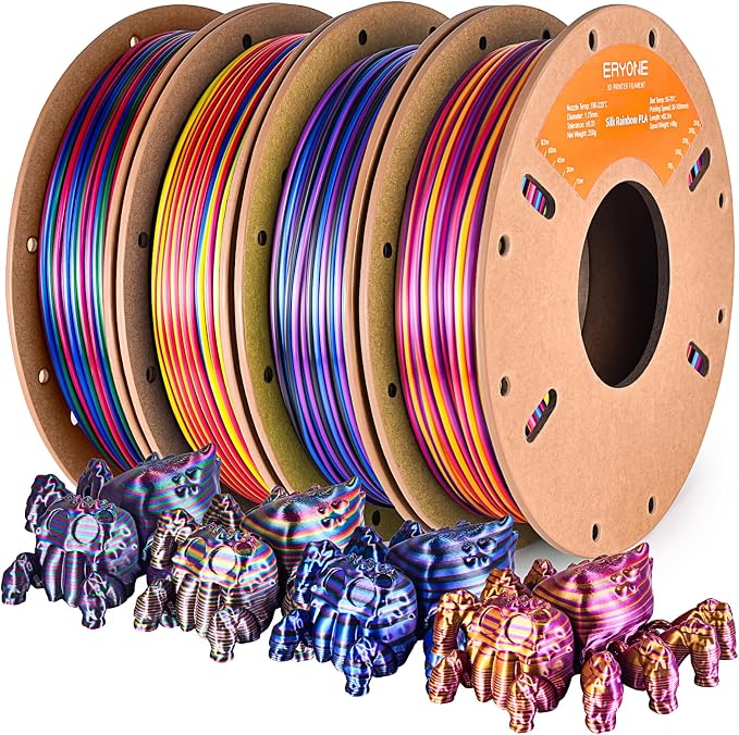 ERYONE PLA Filament 3D Printer Filament Bundle Multicolor 1.75mm +/- 0.03mm, PLA Filament 250g Spool, 4 Rolls, Silk Rainbow Twist