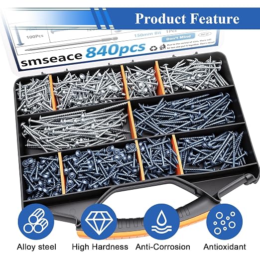 smseace 840Pcs Pocket Hole Screws Assortment Kit #8 x 1, 1-1/4", 1-1/2", 2", 2-1/2" Blue Coated and Zinc Coated Square Drive Pocket Screws with 150mm Drive Bit Wood Screw Set