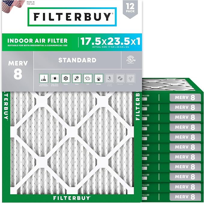 Filterbuy 17.5x23.5x1 Air Filter MERV 8 Essential Dust & Allergy Defense (12-Pack), Electrostatic Pleated HVAC AC Furnace Filters Replacement, Made in USA (Actual Size: 17.38 x 23.38 x 0.75)