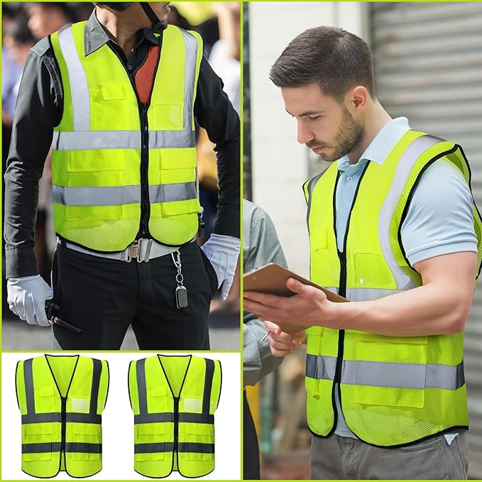 Newcotte 25 Pack Safety Vests Bulk Yellow Reflective High Visibility Vest with Mesh Pocket Zipper, Hi Vis Silver Strip for Men, Neon
