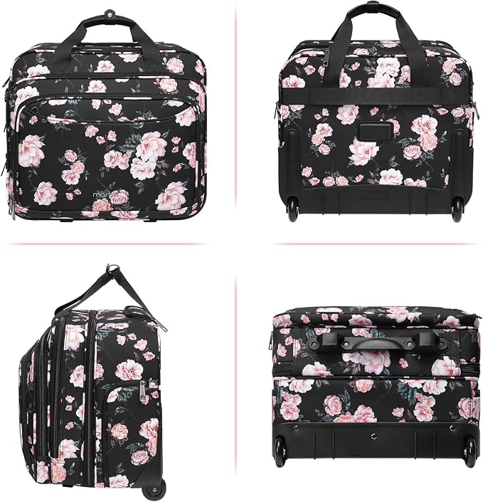 MOSISO Rolling Briefcase Laptop Bag for Women, Wheel Briefcase Teacher Bag for 15.6 inch with Coded Lock, Overnight Camellia Rolling Computer Bag on 2 Wheels with Belt for Work Travel Business, Black
