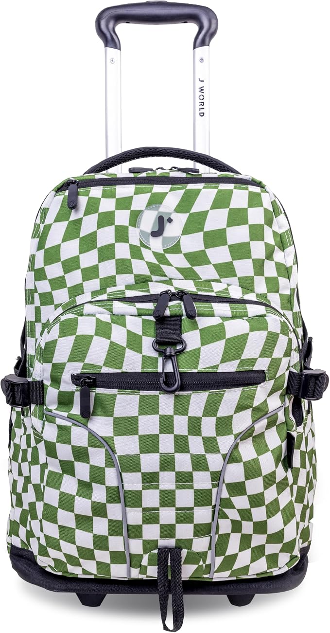 J World Lunar Rolling Backpack. Laptop Bag With Wheels. Wheeled Carry-On Travel Luggage, Matcha Checkers, 19.5 x 13 x 8 Inches