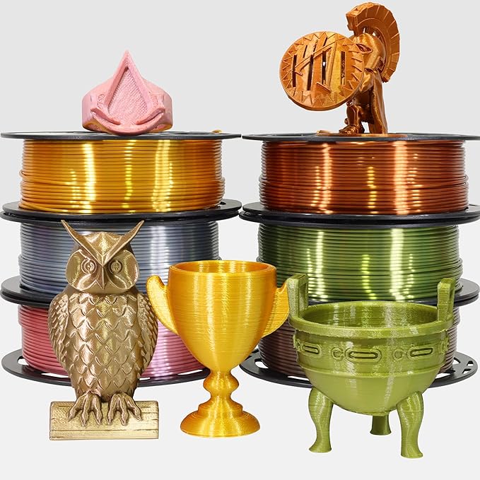 MIKA3D 6 Spools 1.75mm Silk PLA 3D Printer Filament Bundle, 6 Metallic Shiny Colors: Gold/Silver/Copper/Bronze/Coffee Gold/Rosegold, Each Spool 250g X 6 Spools, Total 1.5Kg 3D Printer Material