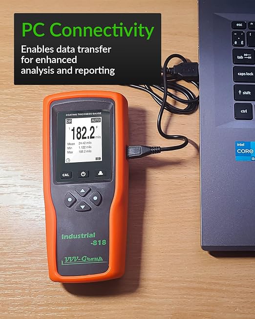 Coating Thickness Gauge Industrial-818 with External Probe – 0–197 mil (0–5000μm) Fe / 0–120 mil (0–3000μm) NFe, 0.001 mil Resolution, Factory/Zero/Multi-Point Calibration, Memory, PC Connectivity