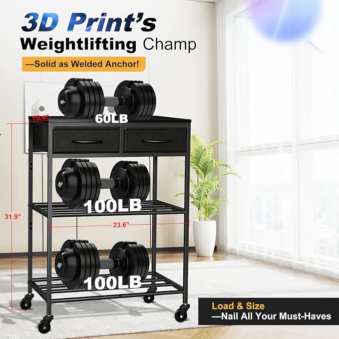 3D Printer Filament Storage Rack with Drawers, 3Tier Metal Filament Spool Holder with Wheels, 3D Printer Filament Stand for PLA/ABS/TPU/Nylon, Filaments Organzied for Workshop Studio Office, Black