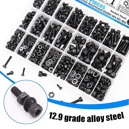1108PCS Metric Screw Assortment Kit, M3 M4 M5 M6 Metric Bolts and Nuts Kit with with Lock & Flat Washers, 12.9 Grade Alloy Steel Hex Socket Head Cap Screws for 3D Printing