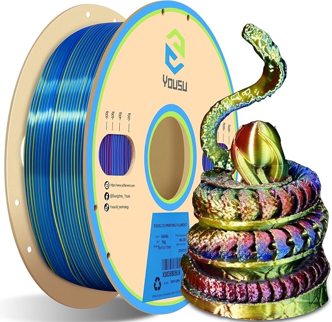 YOUSU PLA Filament Triple Color Coextrusion Silk 3D Printer Filament 1.75mm for 3D Printer & 3D Pen, Multicolor PLA Rainbow Filament, 1kg(2.2lbs) Silk PLA Red Gold Blue.