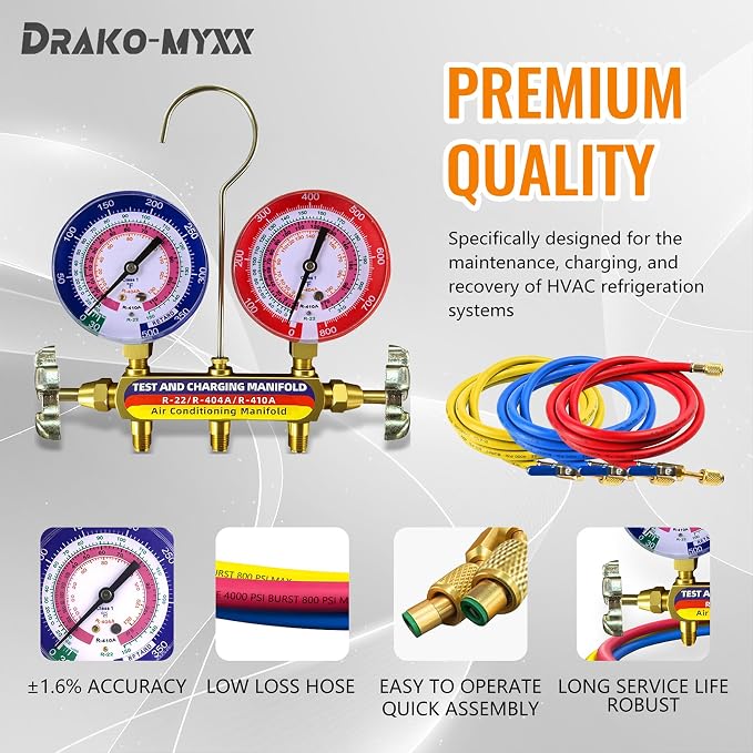 Upgrade 42201 Test & Charging Manifold with 3-1/8" (80 mm) Gauges,60" Refrigerant Hose with Compact Ball Valve,1/4" Standard Flare Fitting,2-Valve,HVAC Manifold for R-22/404A/410A,Yellow/Red/Blue