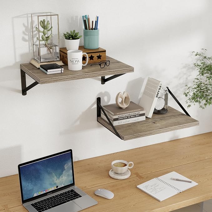 Floating Shelves 12 Inch Deep, 16W x 12D Wall Shelf Set of 2, 35 lbs Heavy Duty Reversible Metal Brackets, Deep Industrial Book Shelf for Living Room Kitchen Bath Bedroom Coffee Bar, Grey