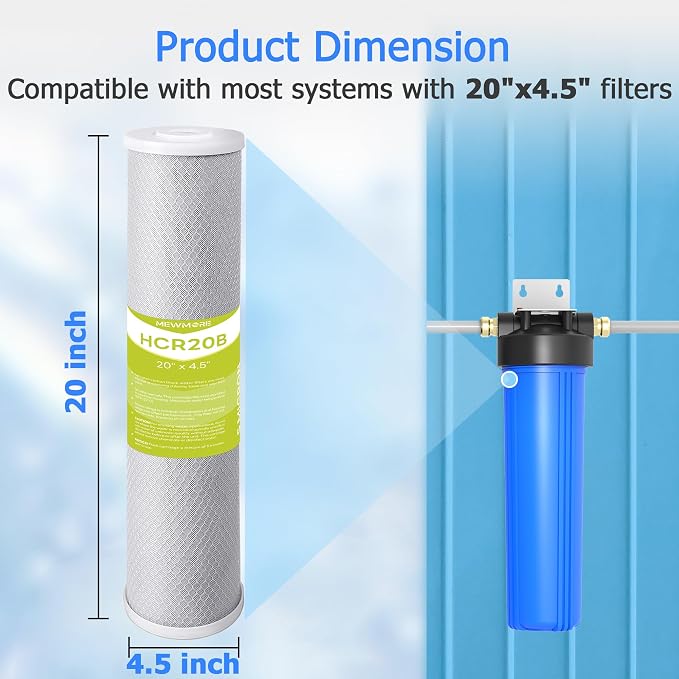 5 Micron 4.5" x 20" Whole House Carbon Water Filter Cartridge | Activated Carbon Block CTO Filter, Fits Standard 20" x 4.5" Big Housings, Reduces Chlorine, Taste & Odor, Pack of 2