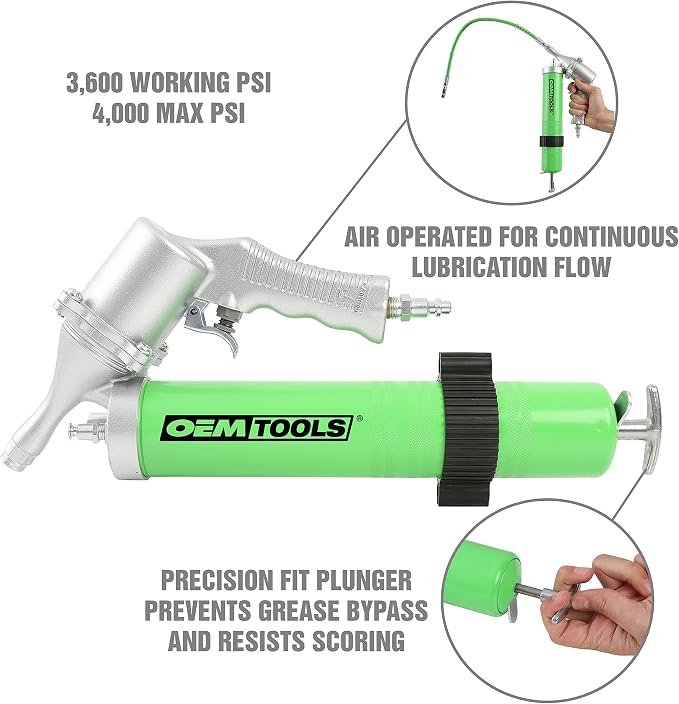 OEMTOOLS 87205 Pneumatic Grease Gun, Continuous Lubrication for Automotive and Industrial Equipment, 6000 PSI Air Grease Gun with 18 Inch Hose and Coupler, Supports Cartridge and Bulk Loading