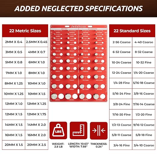 Thread Checker with Optimised Spacing, 44 Nut and Bolt Thread Checker, Bolt Size Finder with 22 Standard & 22 Metric Sizes, Thread Gauge SAE and Metric