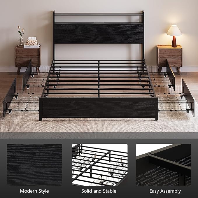 VINGLI Metal Bed Frame King with 4 Drawers and Storage Headboard, Platform with Charging Station and LED Lights, No Box Spring Needed, Noise Free, Easy Assembly, Black