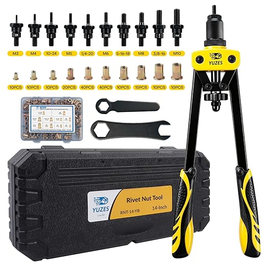 YUZES Rivet Nut Tool Kit, 14" Rivnut Tool with 11 Metric & SAE Mandrels, 175Pcs Rivet Nuts Kit, Professional Nutsert Tool Kit forAuto Mods, RV/Van Conversion & Metal Fabrication, Rugged BMC Case