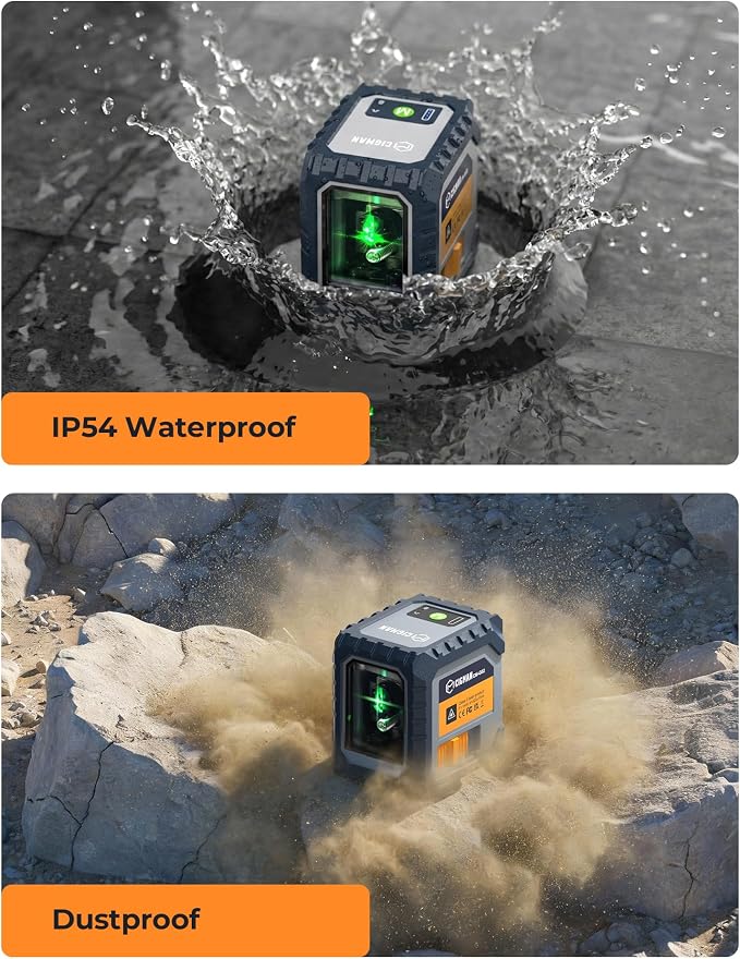 CIGMAN CM-G02 Cross Line Laser Level, Green Self-Leveling Line Laser with Rechargeable Battery, ±3mm Accuracy at 33ft, Magnetic Bracket, for Picture Hanging, Interior Decoration & DIY