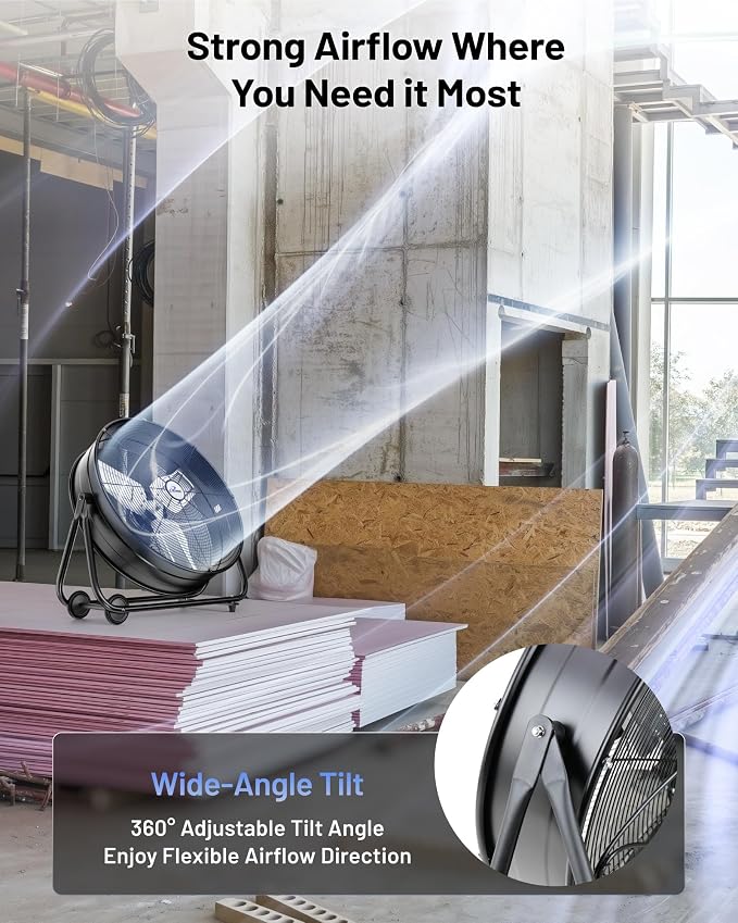 iLIVING 24" High Velocity Drum Fan Industrial, Commercial, Residential Air Circulator for Garage, Shop, Patio, Barn, Greenhouse, Speed Control 7700CFM, UL Listed,Black