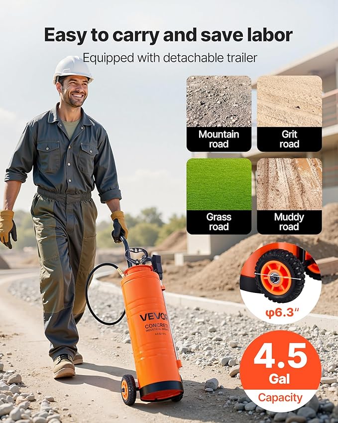 VEVOR Industrial Sprayer, 4.5 Gallons Large Capacity, Stainless Steel Concrete Sprayer with Ergonomic Handle & Removable Cart, 48" & 120" Hose, Concrete Sealer Sprayers for Form Oils Construction