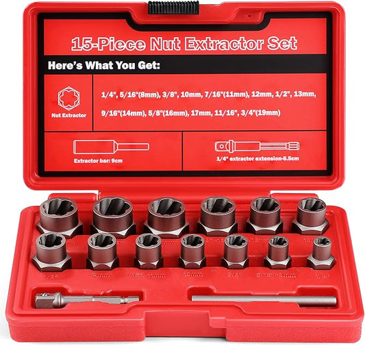 15-Pcs Bolt Extractor Set, 3/8'' Drive Easy Out Bolt Extractor Set, Stripped Bolt Remover Nut Extractor Set for Damaged, Frozen, Rusted Sockets, Rounded-Off Bolts, Nuts & Screws