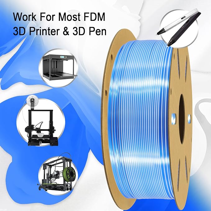 1.75mm Silk Blue/White PLA Dual Color in 1 Coextrusion PLA 3D Printing Filament, 1KG 2.2lbs 2 Color Silk Bicolor Dichromatic 3D Printer Material, Widely Support for 3D Printers, Blue/White