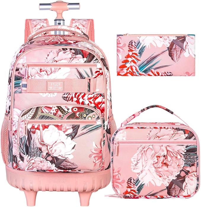 3Pcs Rolling Backpack for Girls Women, Travel Roller Backpacks with Wheels for Adults, Teens College Folwer Wheeled Bookbag with Lunch Box(Pink)