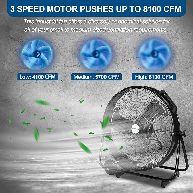 BILT HARD 24" 8100 CFM High Velocity Industrial Drum Fan, 3 Speed Heavy Duty Tilt Metal Shop Fan, Ideal for Garage, Warehouse Factory and Commercial Use, Black