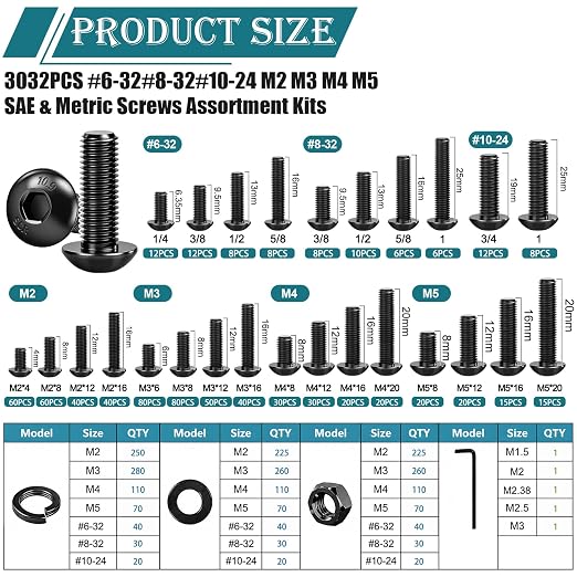 mxuteuk 3032PCS Machine Screws Assortment Kit,#6#8#10 M2 M3 M4 M5 SAE & Metric Screws Assortment Kits,10.9 Alloy Steel Hex Socket Button Head Bolts Nuts Washers Set Suitable for 3D Printer,DIY