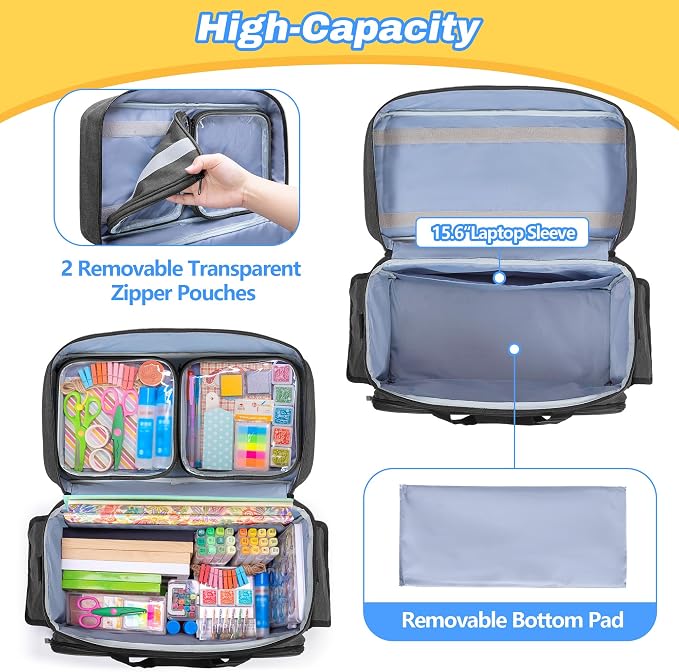Teamoy Rolling Scrapbook Tote with Detachable Wheels, Rolling Craft Bag with Bottom Wooden Pad, Scrapbook Storage Bag for Women, Black
