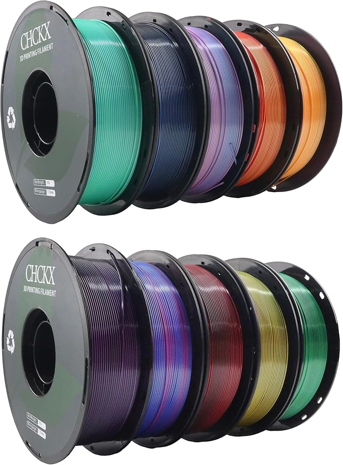 10 Pack PLA Filament Bundle, Silk Dual Color PLA Filament 10 Rolls, 1kg Spool(2.2lbs), 1.75 mm, Dimensional Accuracy +/- 0.02mm, 10 Different Dual Colors