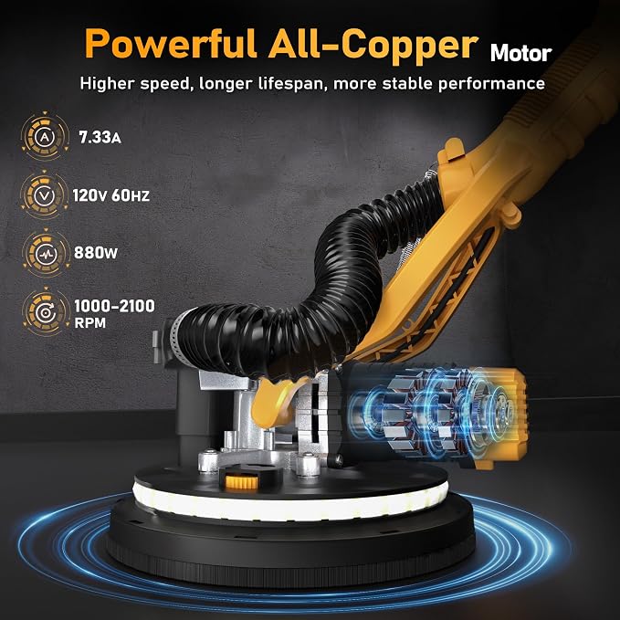 GEVEELIFE Drywall Sander, 880W 7.33A Electric Drywall Sander with Vacuum Dust Collector, 5 Variable Speed 1000-2100RPM, LED Light, Foldable & Extendable Handle, 12 Sanding Discs