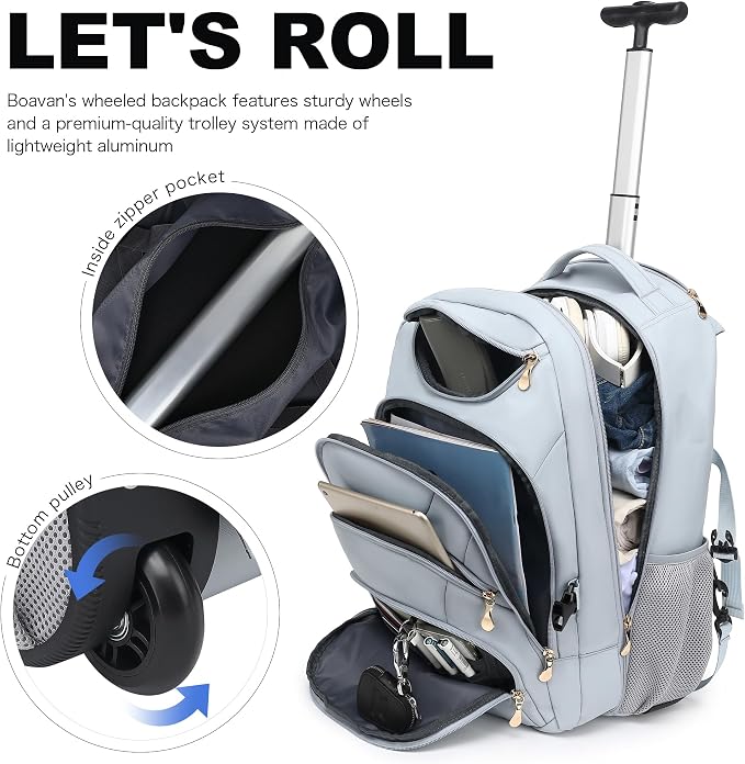 Boavan Rolling Backpack for Women, 17.3 Inch Wheeled Laptop Backpack,Large Travel Carry-On Bag for Teachers College Students, Waterproof Business for Airplane Overnight Luggage，Blue