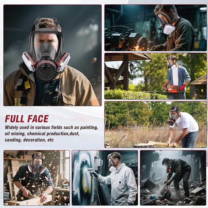 Full Facepiece with Filters, Earplug, & Gloves - Protection Against Painting, Gas, Dust, Chemicals, Organic Vapors, Welding, Polishing, Spraying