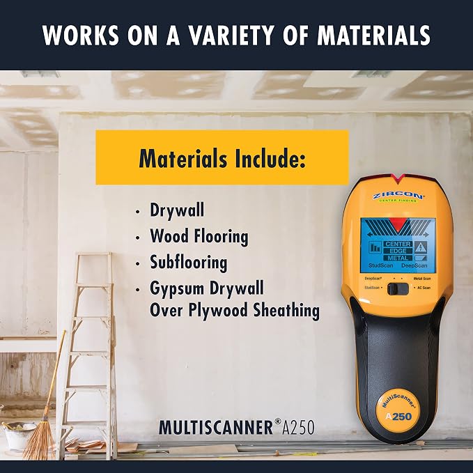Zircon® MultiScanner™ A250 Stud Finder Wall Scanner, All-in-One Wood and Metal Stud Detector with Live AC Wire Detection, 4 Scan Modes, LCD Display, SpotLite® Pointer and ACT™ Technology