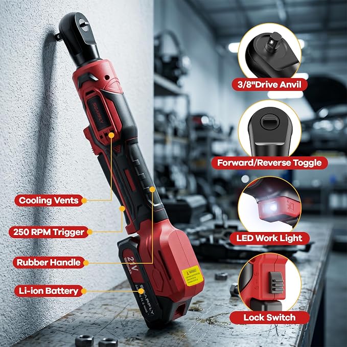 SOARFLY 3/8" Cordless Ratchet Wrench, Power Ratchet Tool Set, 60 Ft-Lbs(80N.m) Electric Ratchet Wrench with 2 * 2000mAh Lithium Batteries, 7 Sockets, LED Light, 1/4" Adapter, 3" Extension Bar