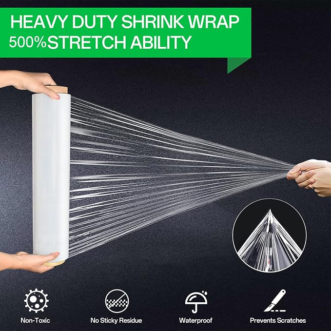 18in Stretch Wrap Roll, Heavy Duty 1500ft Shrink Wrap, Pallet Wrap 4 Pack | Industrial Strength, 80 Gauge, Clear Stretch Film, Self-Adhesive Cling, Plastic Wrap for Furniture Wrapping Shipping Moving