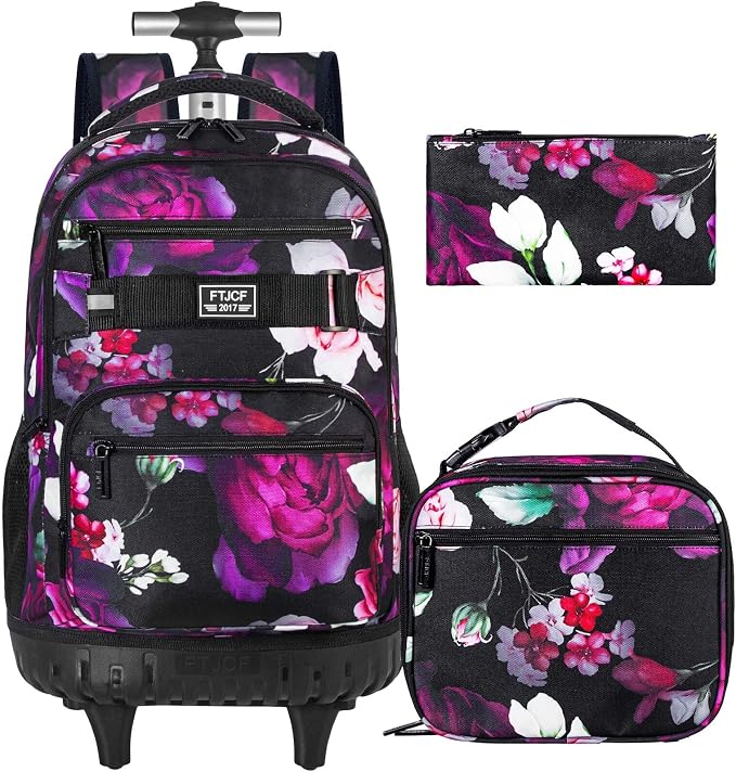 3Pcs Rolling Backpack for Girls Women, Travel Roller Backpacks with Wheels for Adults, Teens College Rose Wheeled Bookbag with Lunch Box(Black)