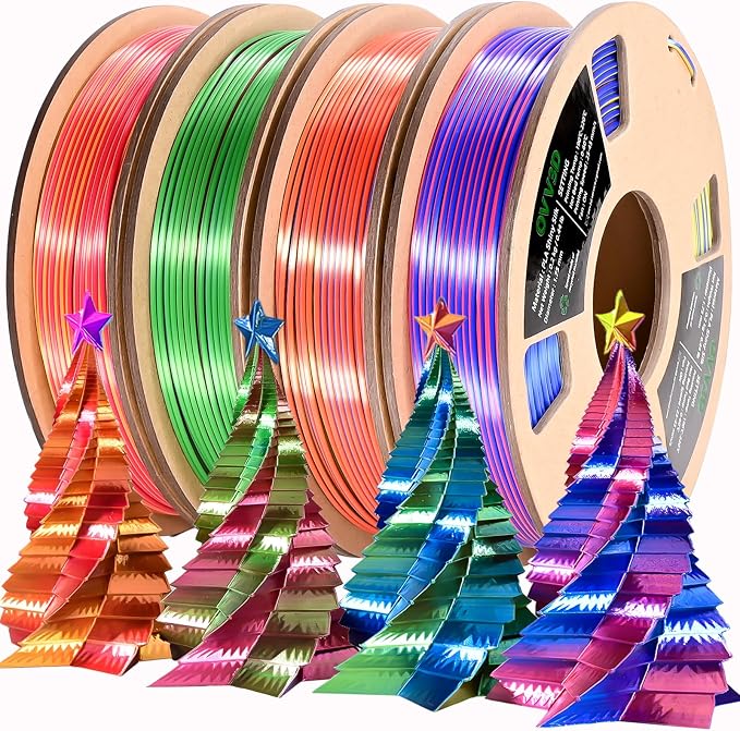 PLA Filament 1.75mm, Tri-Colors 3D Printer Filament, Rainbow PLA Filament Bundle, Coextrusion 3D Filament with Silk PLA Color Change, 3D Printing Filament +/-0.02mm, 200g X 4 Spool