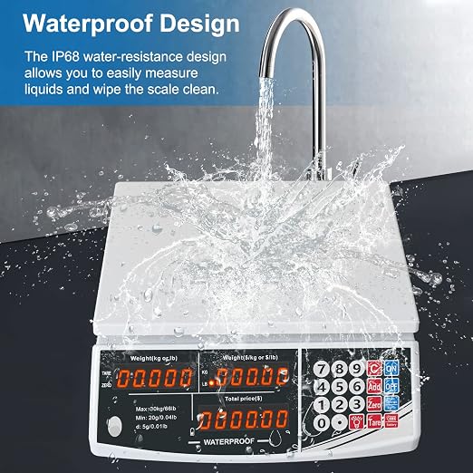 Waterproof Price Computing Scale IP68, 66lb Digital Commercial Food Meat Produce Weight Scale for Farmers Market, Seafood, Rechargeable, Washable, Not for Trade