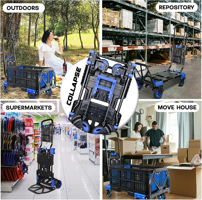 Folding Hand Truck, 2 in 1 Portable Heavy Duty Carrying Moving Dolly Cart with 4 Foldable Wheels and Retractable Handle Duty 330lbs (Blue)