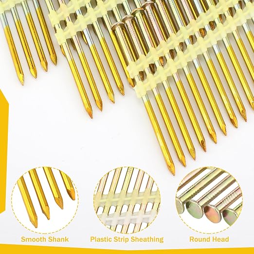 Pasimy 1000 Per Box 3-1/4 x 0.131 Inch Framing Nails 21 EG Degree Smooth Shank Plastic Collated Galvanized Full Round Head Framing Nails