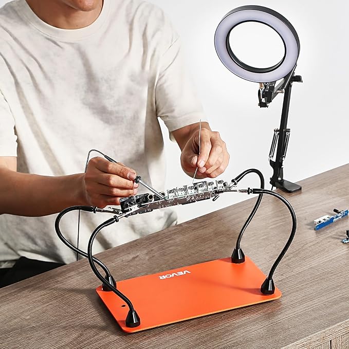 VEVOR Magnetic Helping Hands Soldering Station, 4 Flexible Arms Third Hand Tool with 3X LED Magnifying Lamp & Non-Slip Heavy-Duty Base, Soldering Helping Hands for Electronic Repair Craft Hobby DIY