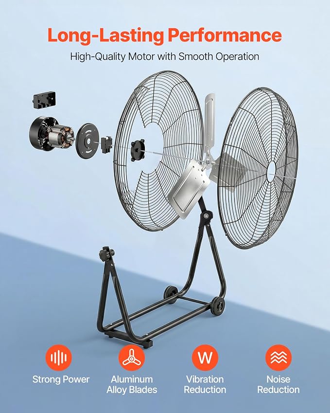 VEVOR Industrial Shop Fan, 24 Inch Floor Drum Fan, High Velocity 7500 CFM, Heavy Duty Aluminum Blades, 3 Speeds, 360 Degree Tilt, Ideal for Commercial, Garage, Warehouse, Basement, Workshop, Black