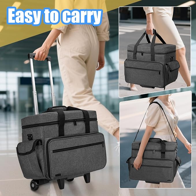 Teamoy Rolling Scrapbook Tote with Detachable Wheels, Rolling Craft Bag with Bottom Wooden Pad, Scrapbook Storage Bag for Women, Black