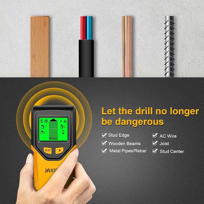 Stud Finder Wall Scanner - 5 in 1 Stud Finder Tool w/Smart Chip and HD LCD Display, Stud Detector Beam Finders for the Center and Edge of Wood AC Wire Metal Studs Joist Pipe (Yellow Feathers)