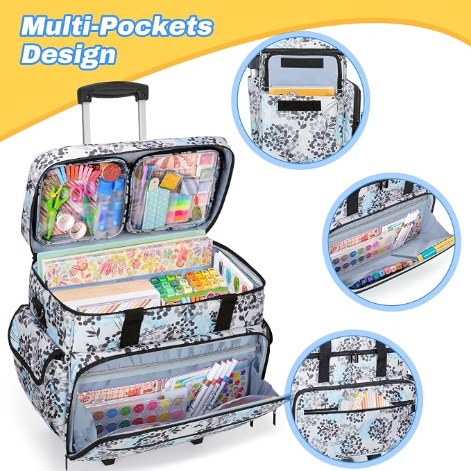 Teamoy Rolling Scrapbook Tote with Detachable Wheels, Rolling Craft Bag with Bottom Wooden Pad, Scrapbook Storage Bag for Women, Dandelion